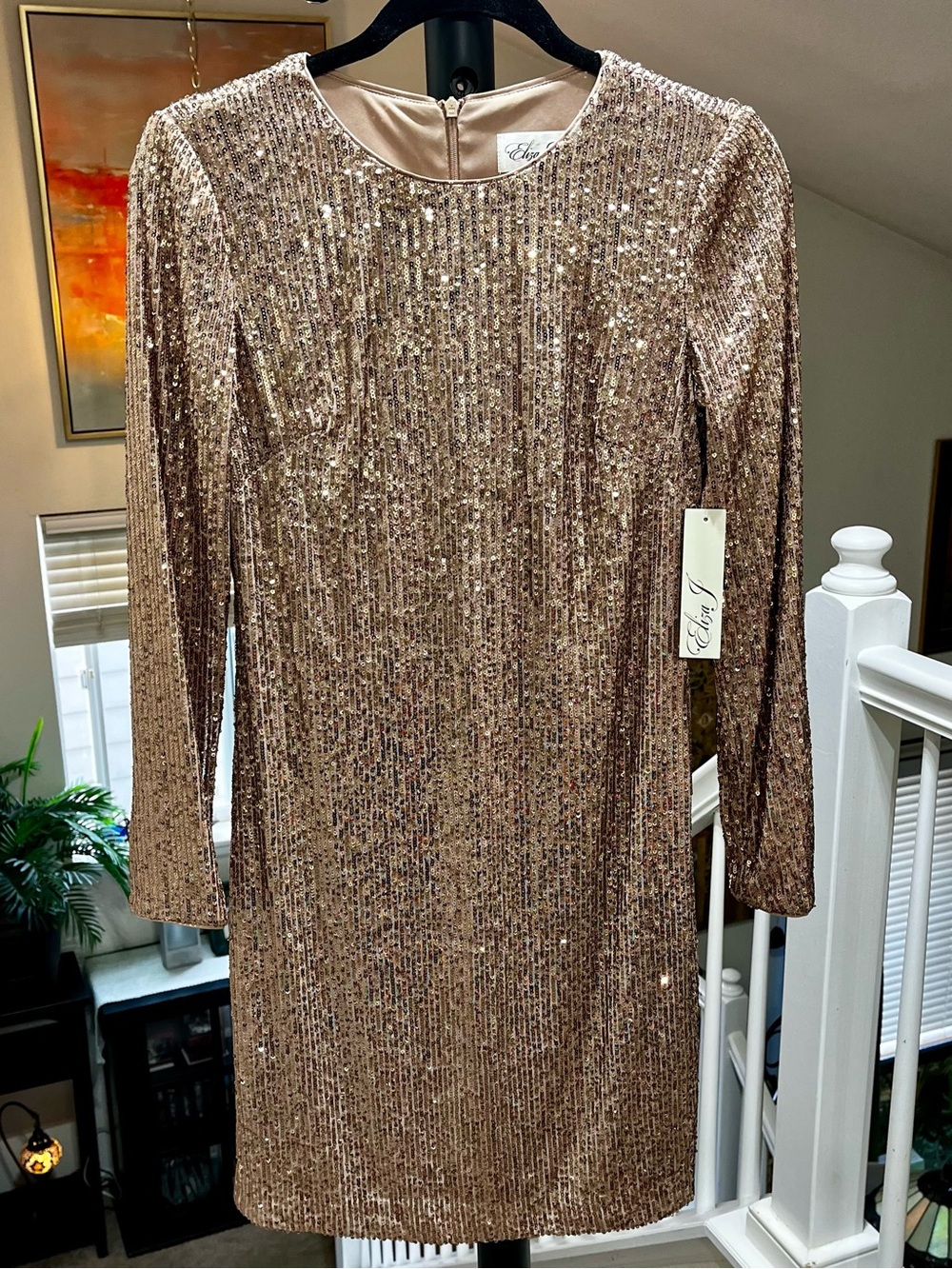 NWT Eliza J Champagne Long Sleeve Sequin Sheath Dress